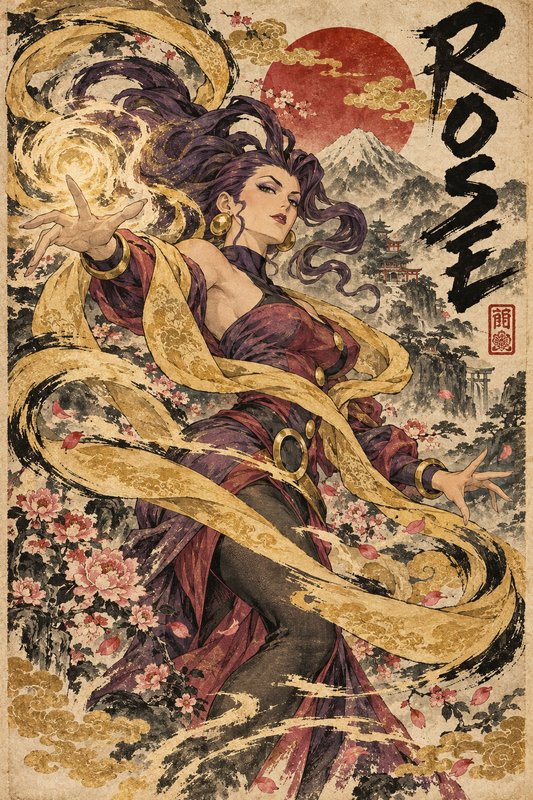 Powerful purple-haired female mage conjuring golden magic against a traditional Japanese landscape
