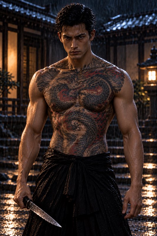 Muscular shirtless man with full chest dragon tattoos holds a blade while standing in rain outsid...