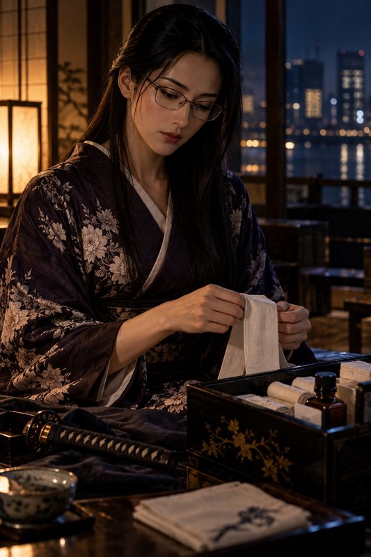 Woman in a dark floral kimono and glasses folds linen at a traditional Japanese table overlooking...