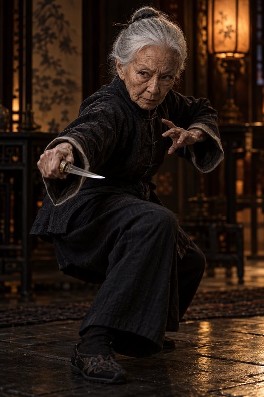 Elderly female martial artist in a low combat stance holding a dagger in a traditional east asian...