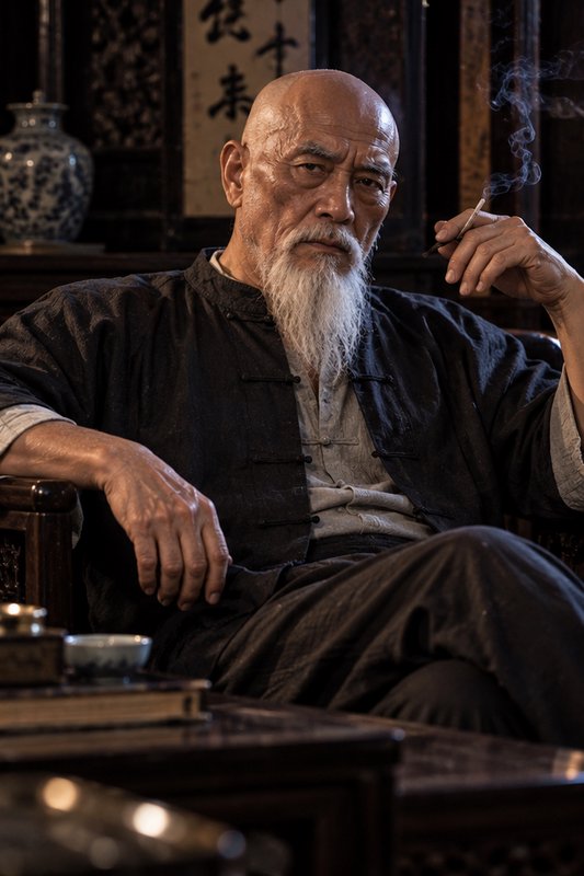 Elderly bald East Asian man with a long white beard sits holding a lit cigarette in a traditional...