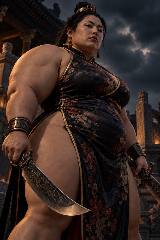 Powerful muscular East Asian female warrior holding ornate curved swords before a stormy ancient ...