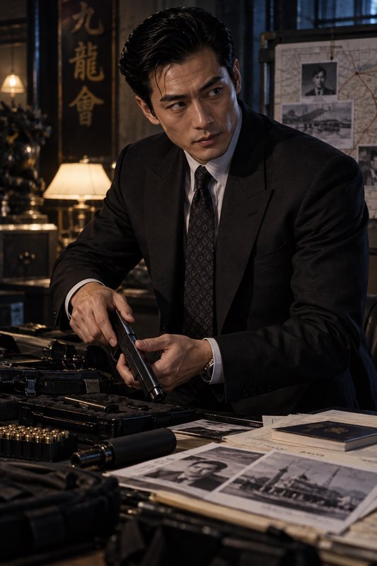 Suave East Asian gangster in a formal suit loading a handgun at a cluttered office desk