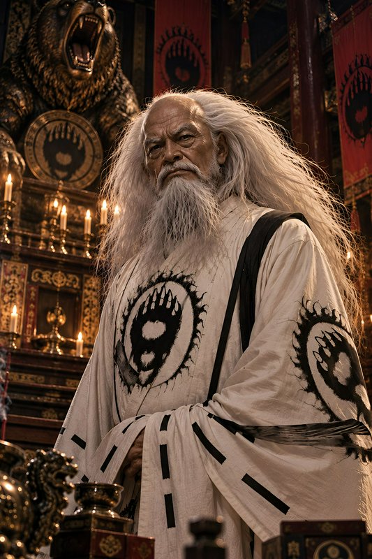 Stern elderly bearded spiritual leader standing in a candlelit ornate temple with a roaring bear ...