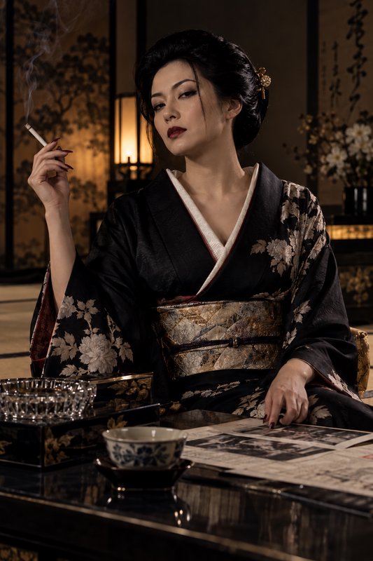 Poised woman in a black floral kimono holds a cigarette while seated in a dim traditional Japanes...