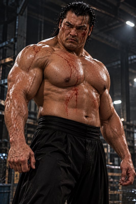 Shirtless muscular bloodied martial artist stands with a fierce expression in a dark industrial w...