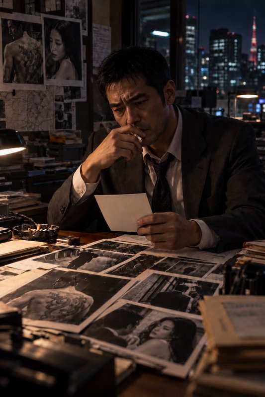 Brooding detective smokes while reviewing case evidence photos at a cluttered nighttime office desk