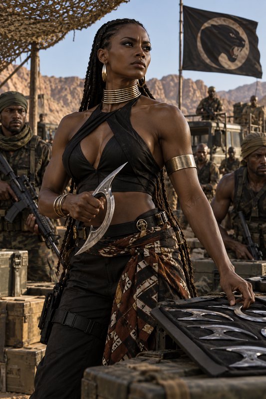 Powerful female Wakandan warrior holds a curved blade at a desert mountain military camp