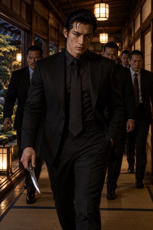 Stern yakuza boss holding a knife walks down a traditional Japanese corridor followed by suited s...