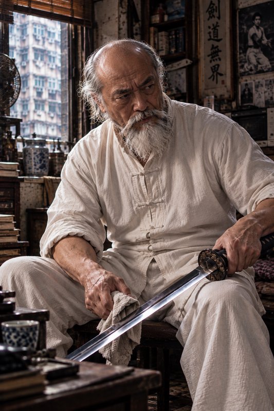 Elderly bearded martial artist carefully polishes a katana in a sunlit cluttered urban apartment