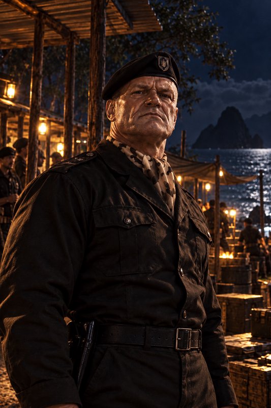 Stern senior military officer in a beret stands at a lit coastal outpost under a dark night sky