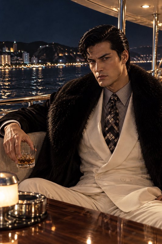 Brooding elegant man holding a whiskey glass sits on a luxury yacht overlooking a lit waterfront ...