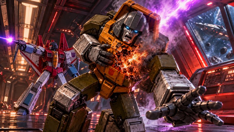 Wounded Autobot clutches his smoldering chest as Decepticon Starscream fires a laser from a space...