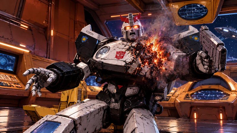 Injured Autobot Prowl takes explosive chest damage while holding a blaster inside a starship bridge