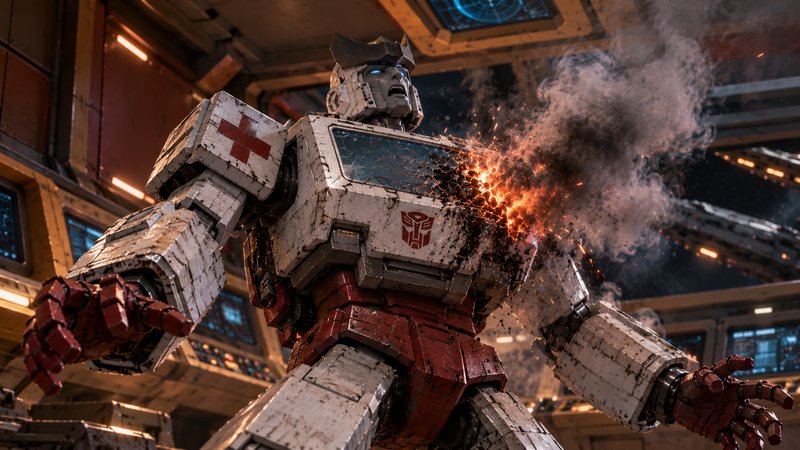 Autobot medic Ratchet takes explosive battle damage inside a spacecraft control bridge
