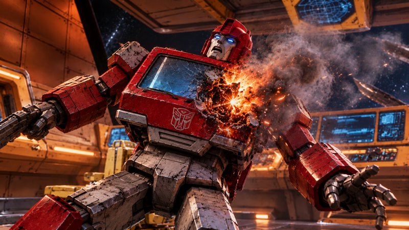 Classic G1 Transformers Autobot reels from an explosive chest hit aboard a starship bridge