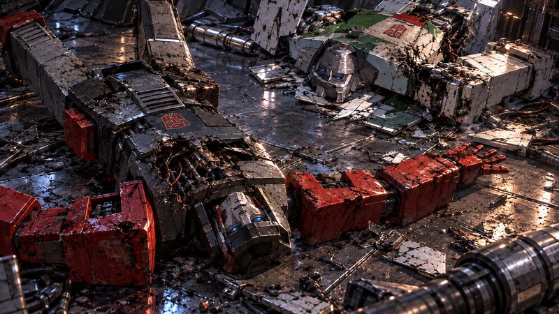 Heavily damaged fallen Autobot Transformers lie scattered across a wet debris-covered metallic floor
