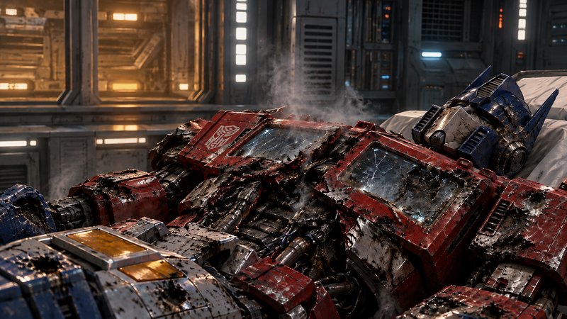 Battle damaged Optimus Prime lies on a medical bed inside a futuristic spaceship med bay