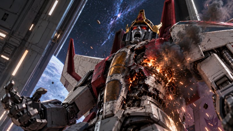 Battle-damaged Starscream mech screams as fire erupts from its chest, floating in a space station...