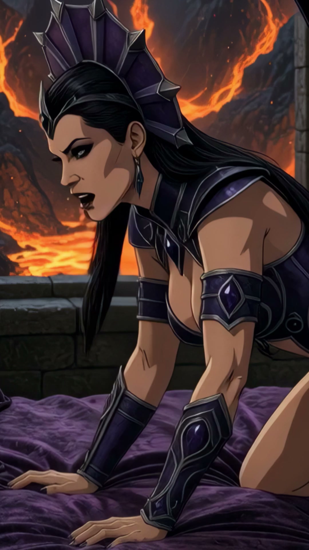 Animated Mortal Kombat character Sindel in spiked purple battle armor, crouched over purple fabri...