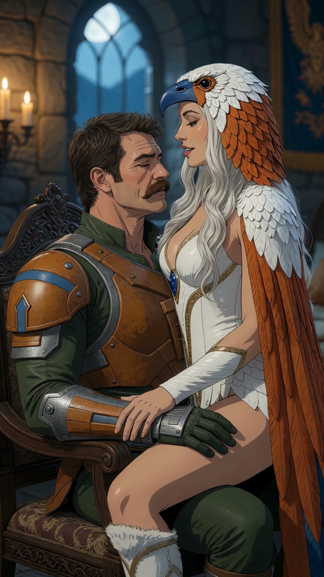 Armored warrior sits as eagle-themed fantasy woman rests on his lap in a moonlit medieval castle ...