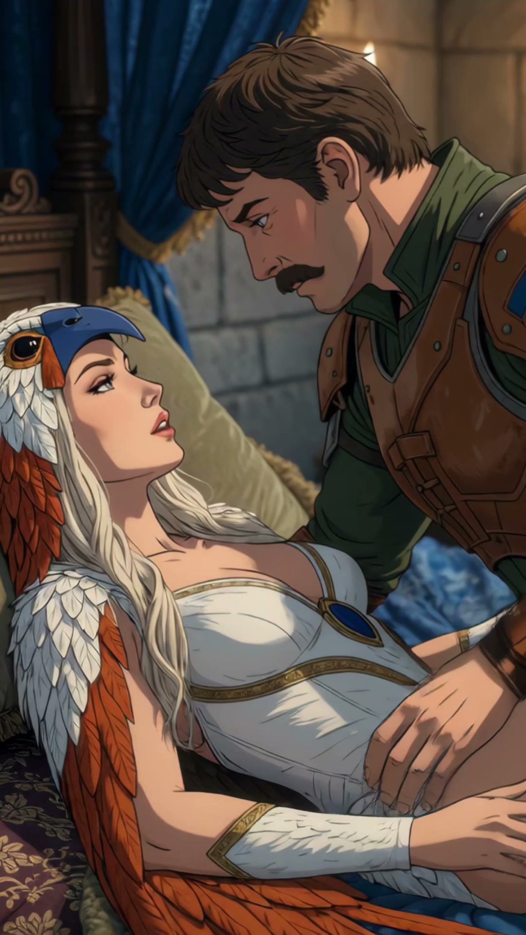 Anime fantasy illustration: Armored knight leans over eagle-adorned noblewoman reclining in a cas...
