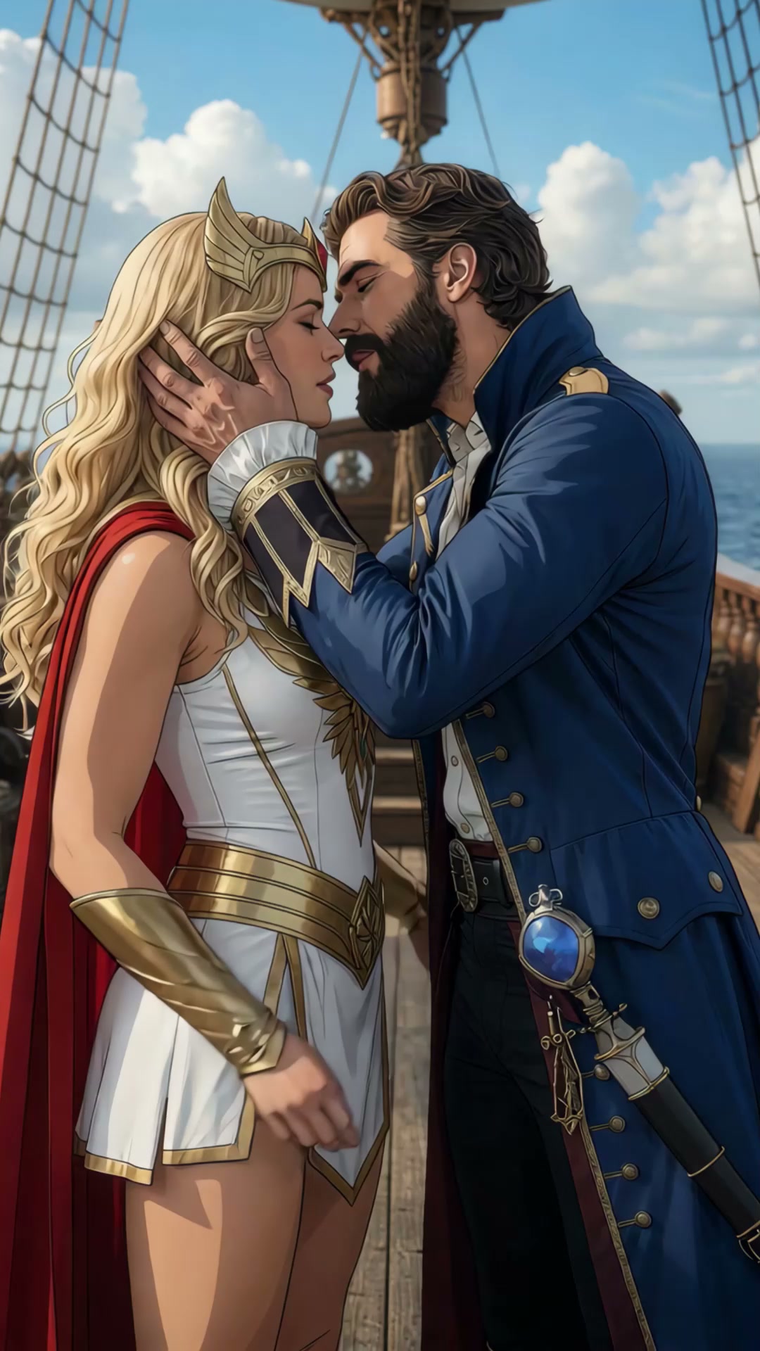 Tender illustrated fantasy couple lean in for a kiss on the deck of a tall wooden sailing ship un...