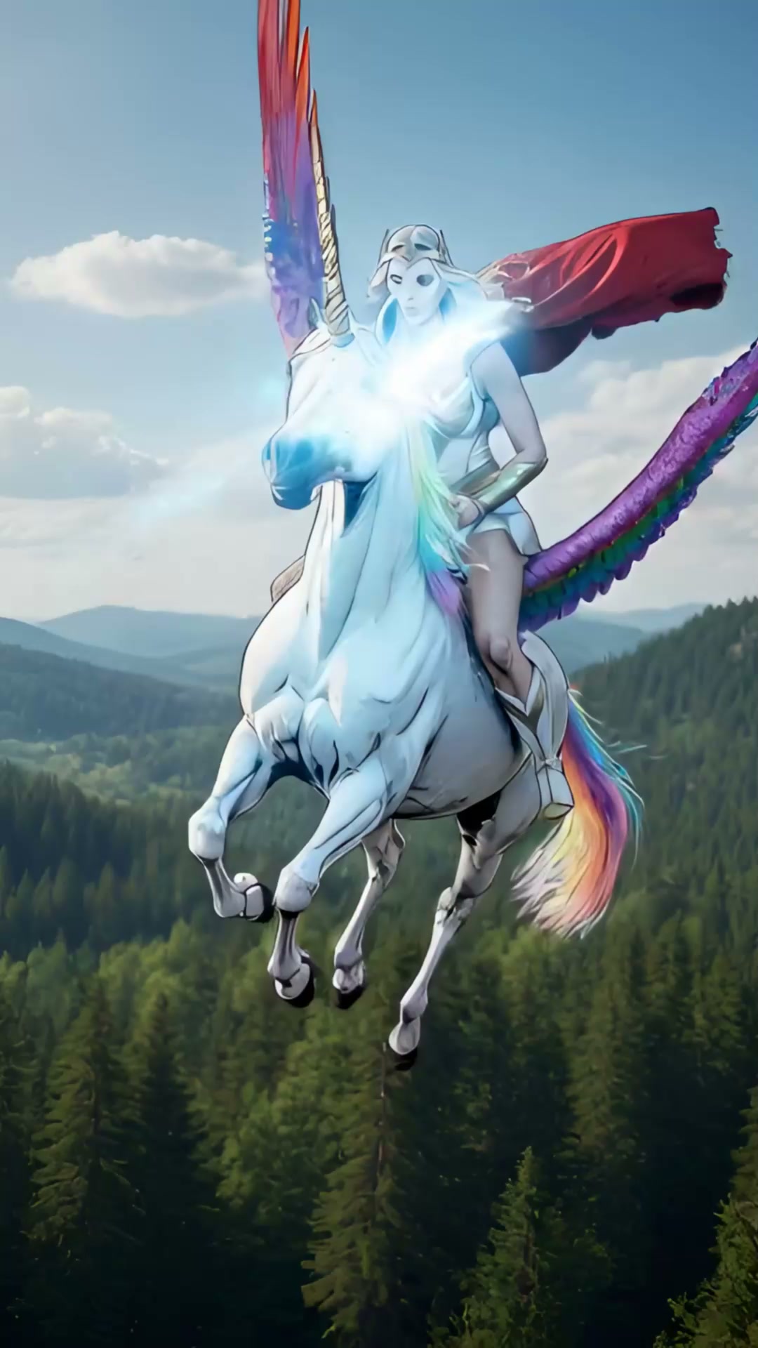 Armored valkyrie with red cape rides a rainbow-winged white unicorn flying over a forested mounta...