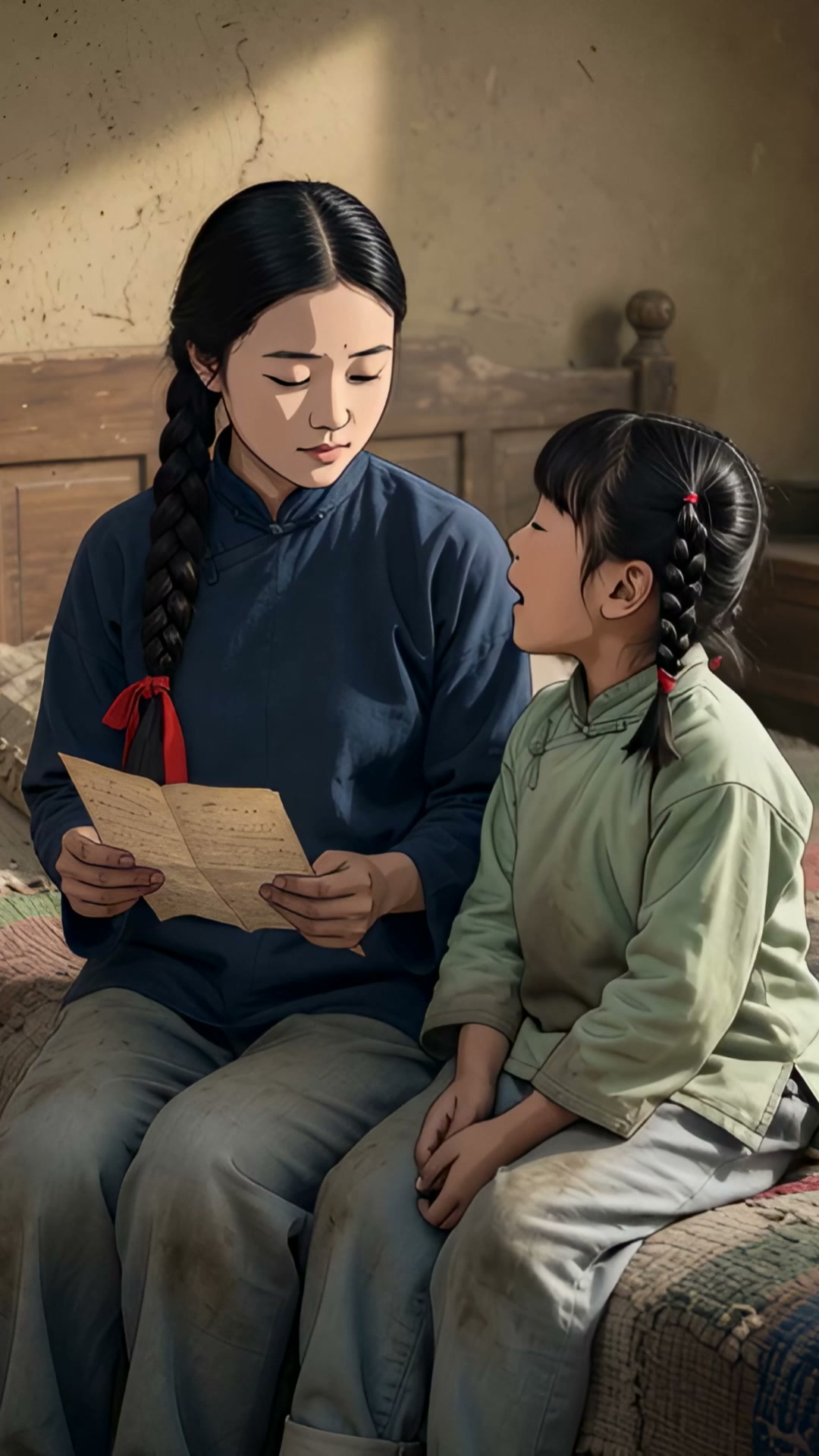 Young East Asian woman reads an old letter as a pigtailed young girl sits beside her on a rustic ...