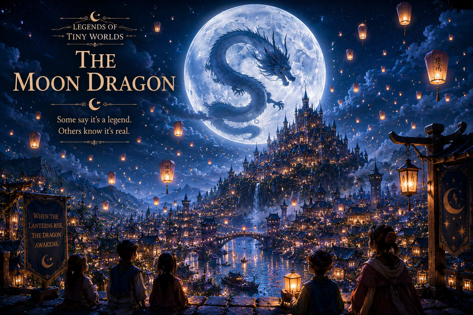 [The Moon Dragon fantasy cover: celestial eastern dragon coiled in full moon above glowing lantern-lit fantasy city, drift...