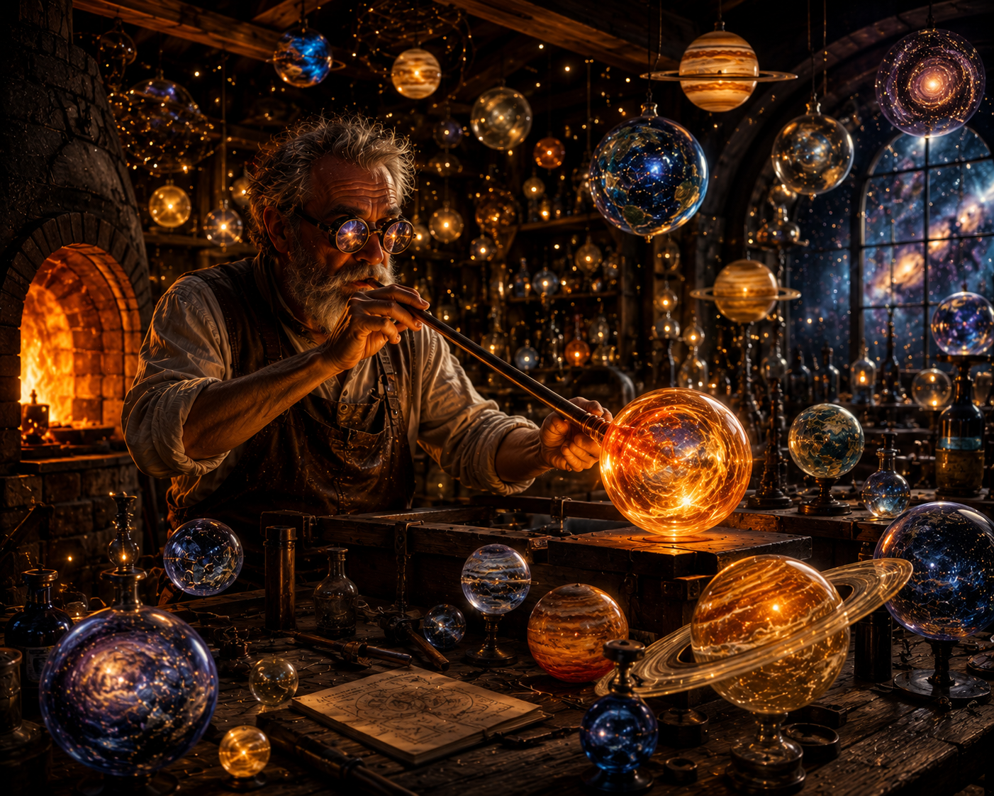 Elderly bearded glassblower crafts a glowing celestial orb surrounded by planetary glass spheres in a cozy magical workshop.