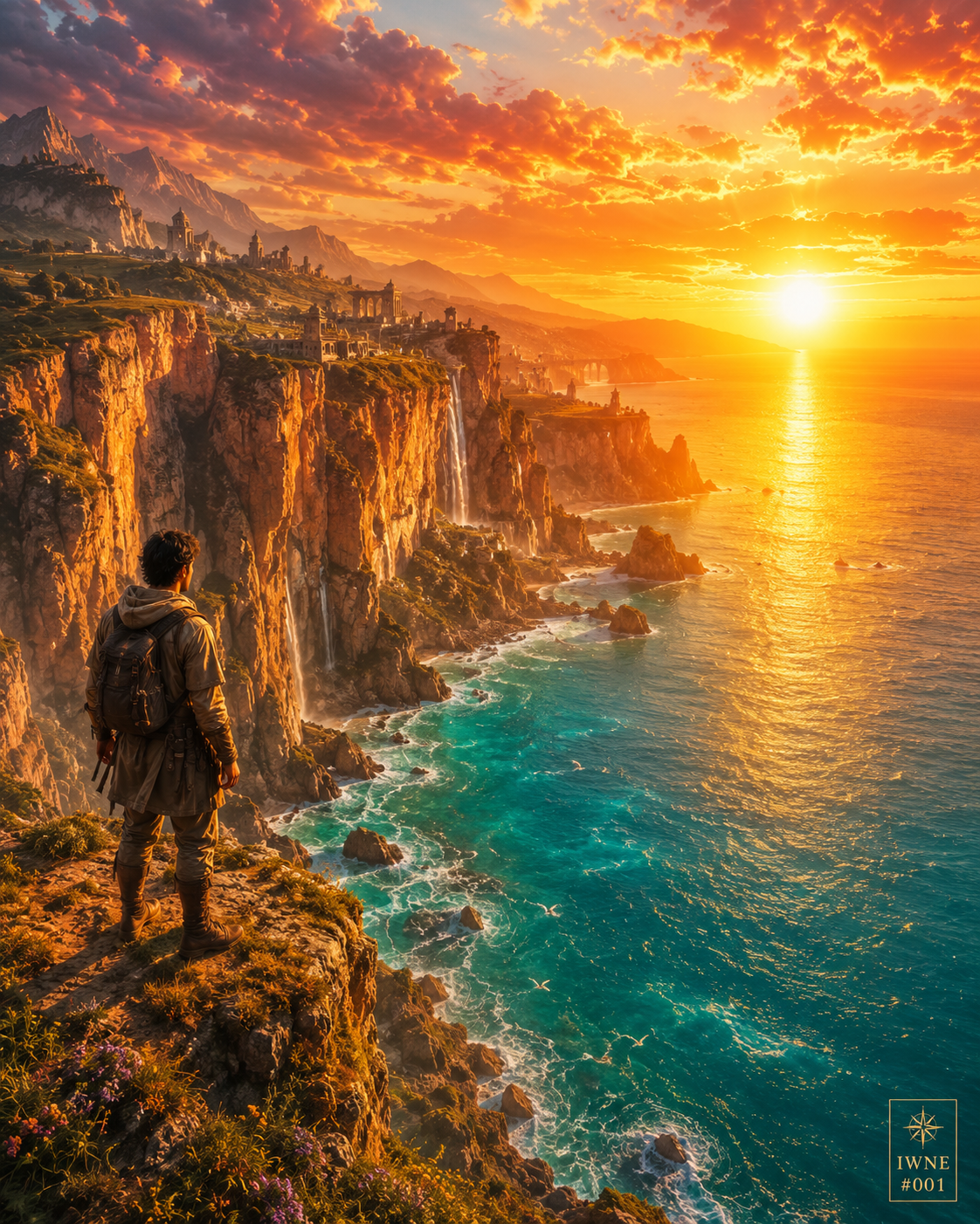 Lone adventurer stands on a cliff edge, viewing a golden sunset over fantasy coastal cliffs and turquoise ocean.