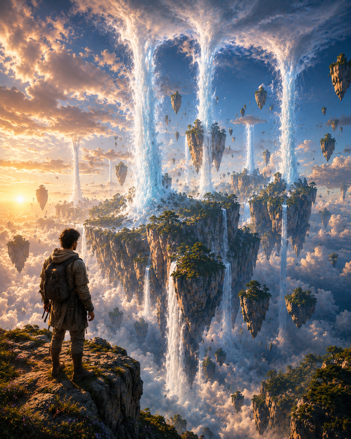 [Lone adventurer on a cliff edge gazes at floating fantasy islands with towering sky waterfalls above clouds at golden sun...
