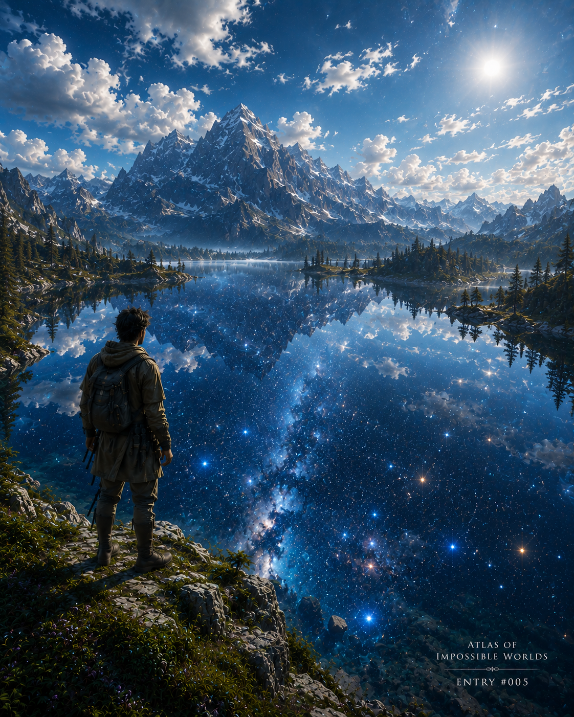 [Lone adventurer on a cliff overlooks a magical alpine lake reflecting a starry galaxy beneath snow-capped mountains and a...