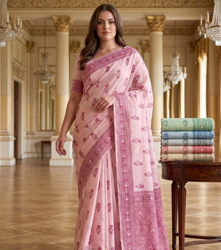 Model wearing soft pink patterned handloom saree, standing in grand gilded ballroom next to a sta...
