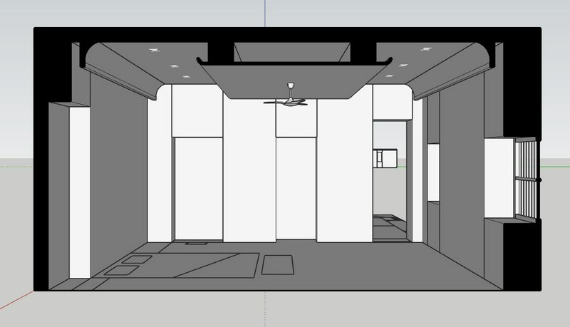Greyscale 3D cross-section architectural render of a proposed modern residential interior renovat...