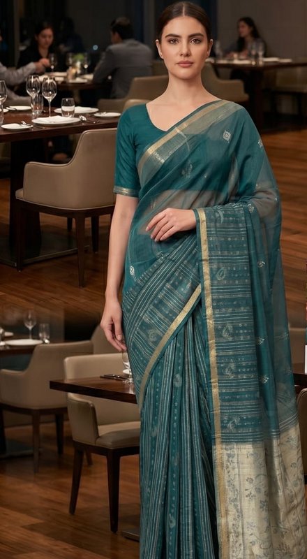 Model wearing an elegant teal woven silk saree with gold zari border, posed in an upscale fine di...