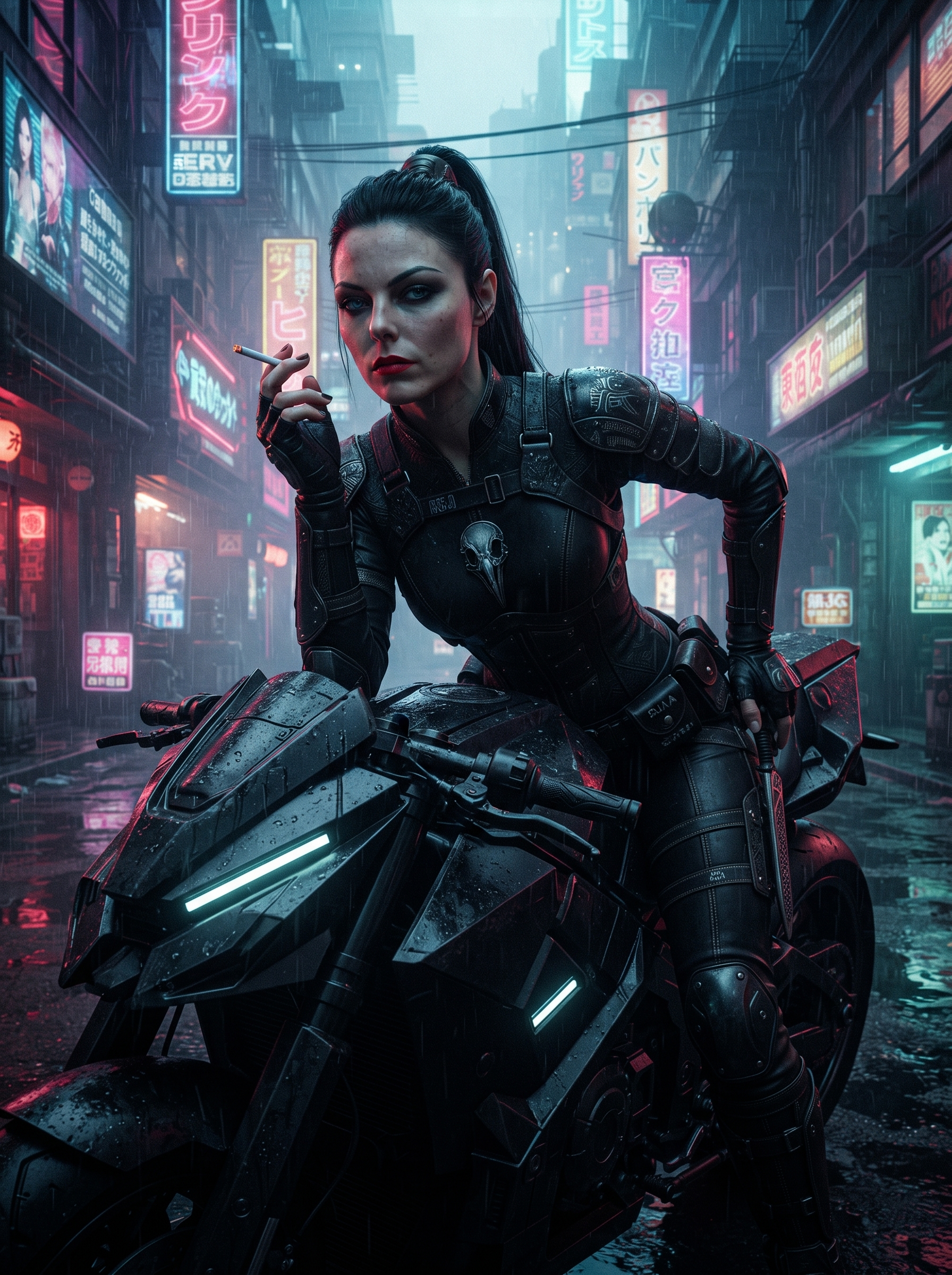 [Stoic cyberpunk woman in black tactical armor leans on a futuristic motorcycle in a rainy neon-lit Tokyo alley holding a ...