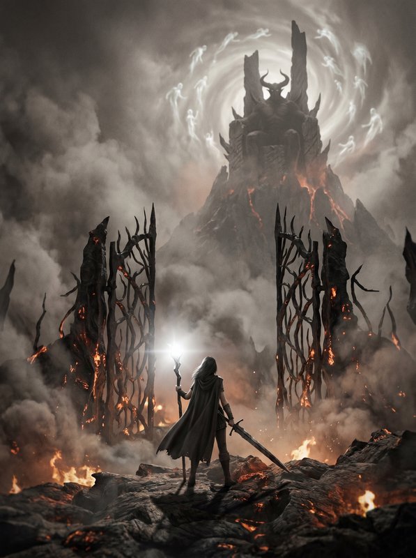 Lone cloaked fantasy warrior with glowing staff and sword confronts a horned demon on a volcanic ...