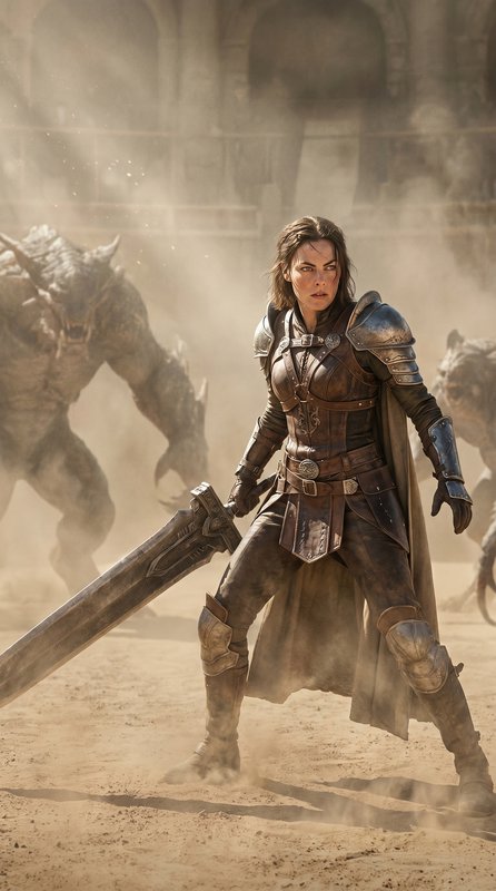 Fierce female armored warrior holds a greatsword, poised for battle with monster foes in a dusty ...