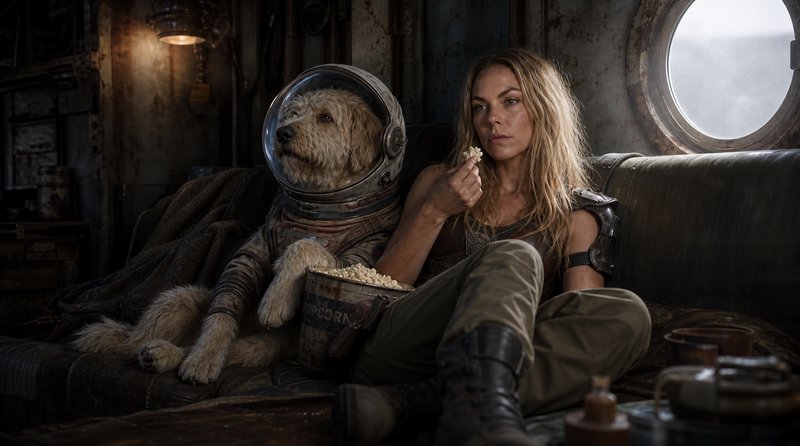 Blonde female space survivor eats popcorn beside her fluffy dog wearing a tiny retro space helmet...