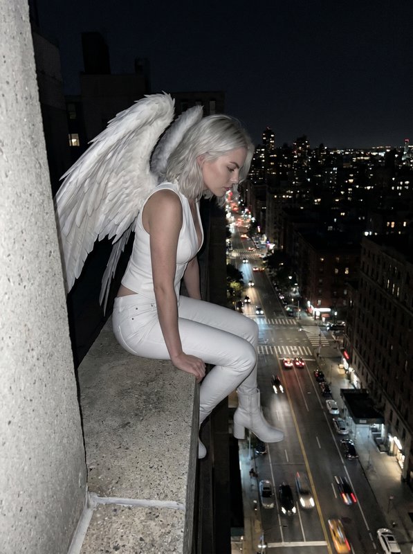 Woman with large white feathered angel wings sits perched on a high rooftop ledge overlooking a l...