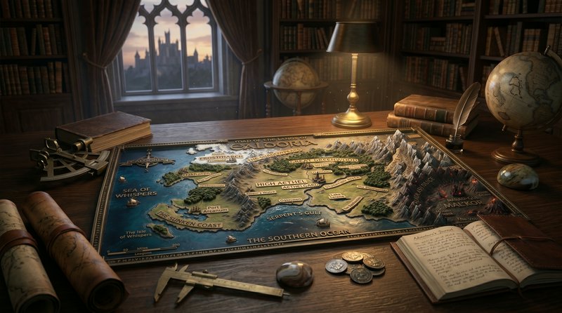 3D fantasy map of the realm of Calooria laid out on a dark wood scholar's desk, with a distant ca...