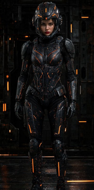 Female sci-fi soldier in black armored power suit with glowing orange accents stands in a dark in...