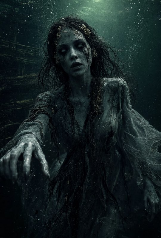 Undead drowned water ghost reaches toward the viewer, floating underwater beside a shadowy sunken...