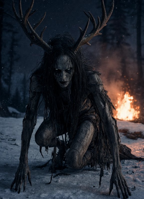 Menacing antlered wendigo crouches on snowy ground beside a campfire in a dark winter forest at n...
