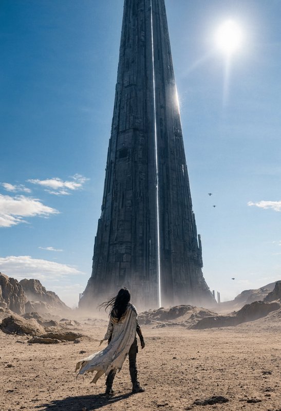 Lone figure in tattered cloak stands in rocky desert facing a massive alien spire with a glowing ...
