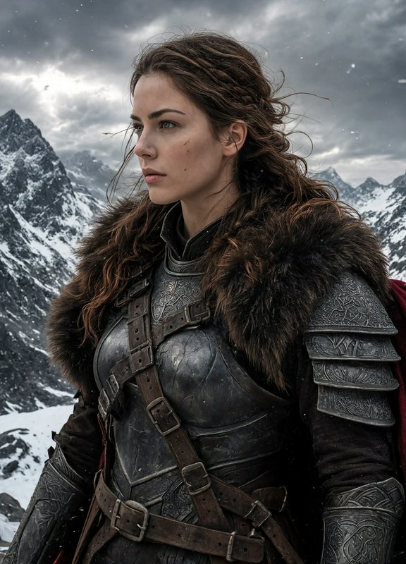 Stoic female fantasy warrior in fur-lined engraved steel armor stands in snowy mountains under a ...