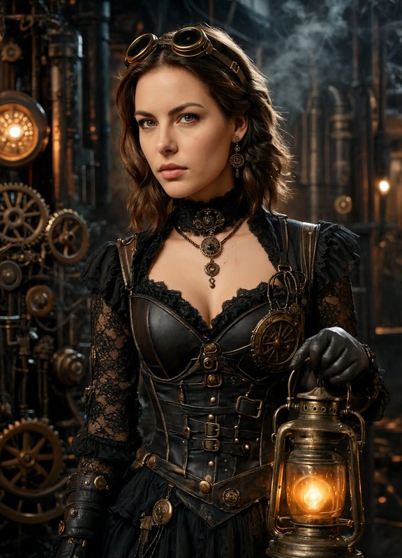 Steampunk woman with brass goggles holds a lit antique lantern, standing in a gear-filled industr...