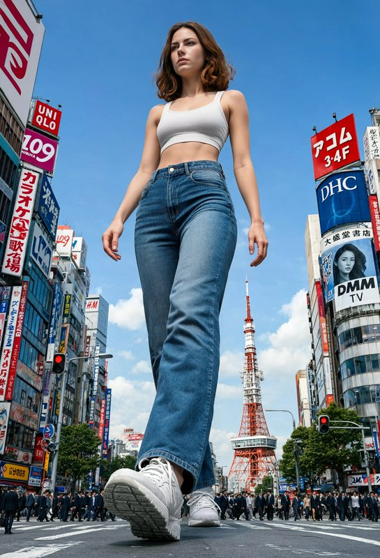 Low angle view of a giant woman walking across a busy Tokyo Shibuya intersection, Tokyo Tower vis...